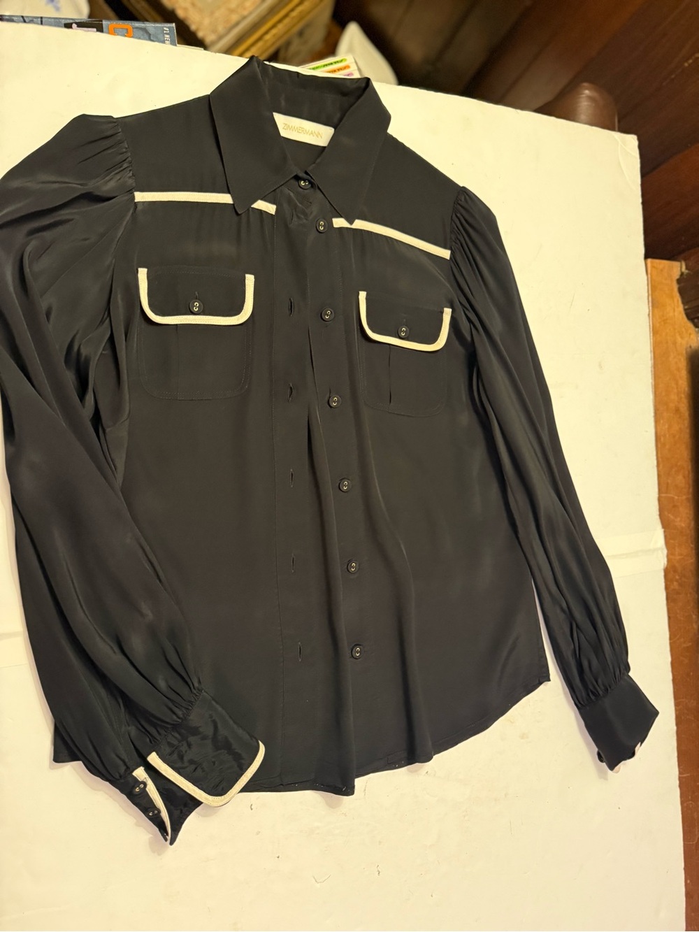 Black Long-Sleeve Button-Down Blouse with Cream Trim